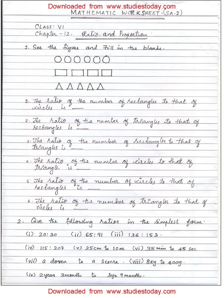 CBSE Class 6 Maths Ratio & Proportion Worksheet | PDF
