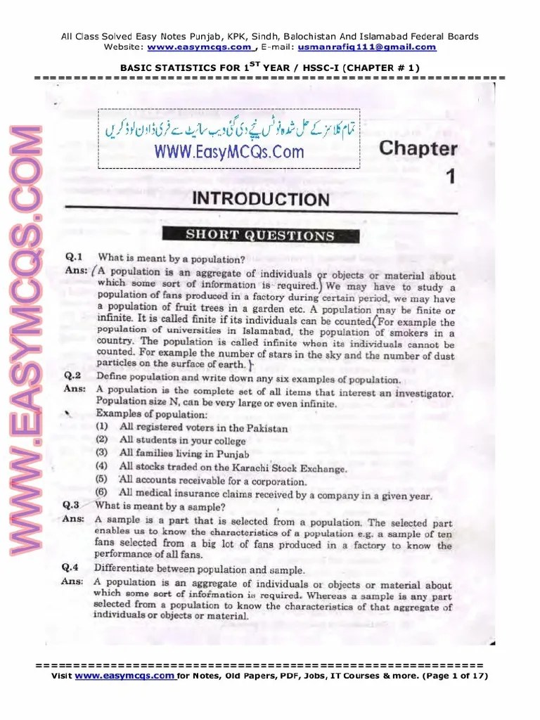 1st Year Statistics Chapter 1 Notes PDF | PDF