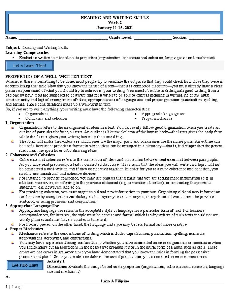 Evaluate A Written Text Based On Its Properties (Organization, Coherence And Cohesion, Language ...