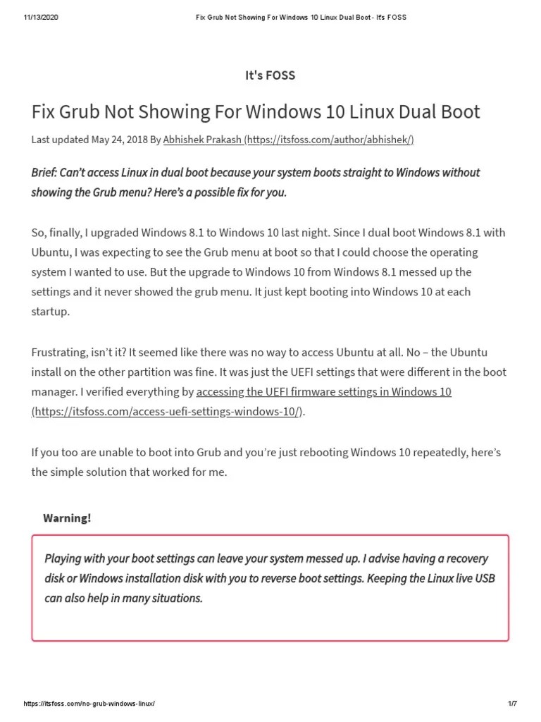 Fix Grub Not Showing For Windows 10 Linux Dual Boot - It's FOSS PDF ...