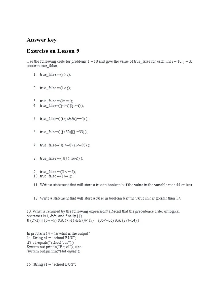 Answer Key Exercise On Lesson 9 | PDF | Boolean Data Type | Integer ...