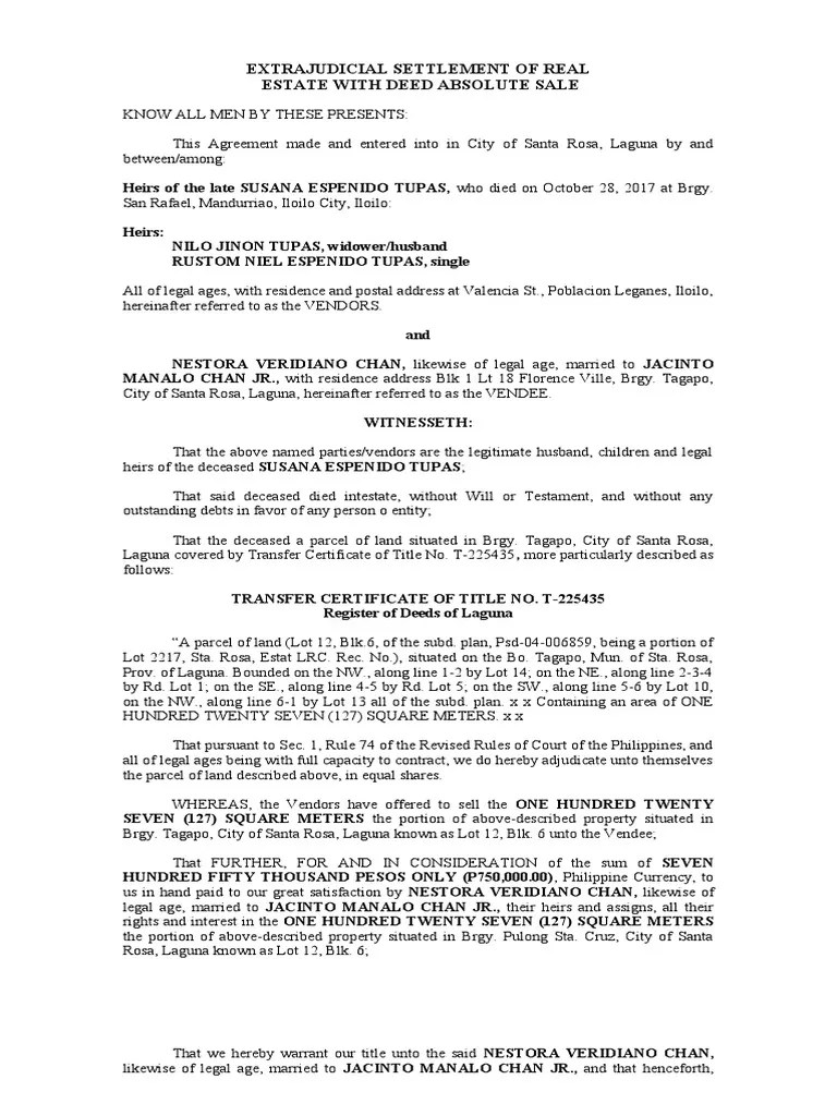 EXTRAJUDICIAL SETTLEMENT With Absolute Sale | PDF | Property Law | Law ...