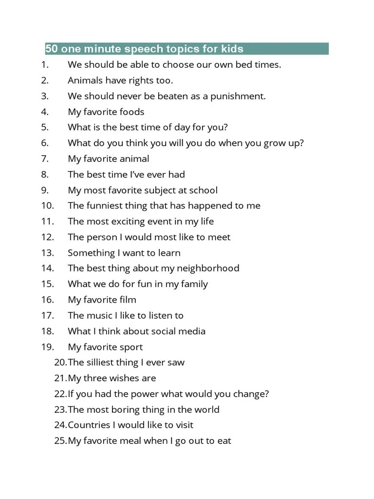 50 One Minute Speech Topics For Kids | PDF