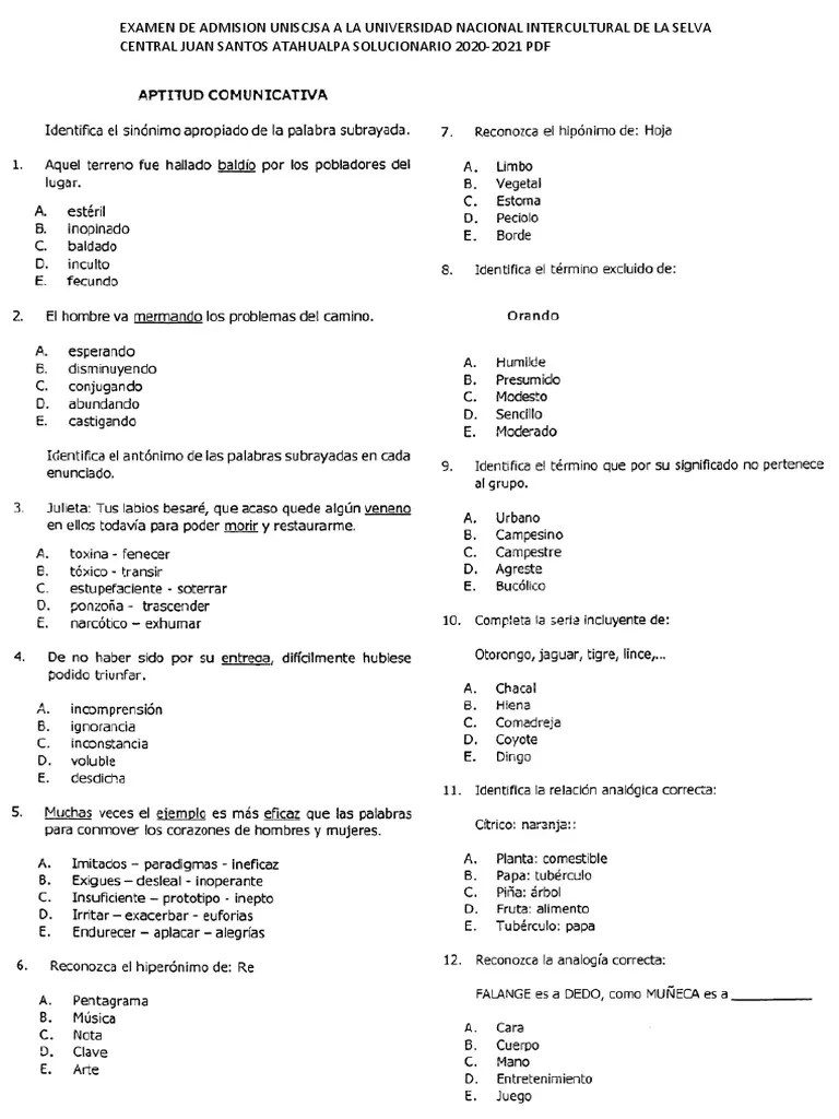 Examen De Admision Uniscjsa A La Universidad Nacional Intercultural De ...