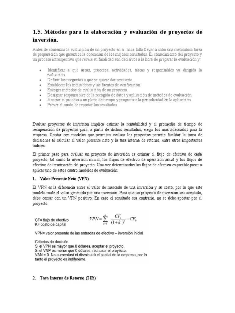 1.5 Métodos De Elaboración Y Evaluación De Proyectos De Inversión | PDF | Tasa Interna De ...