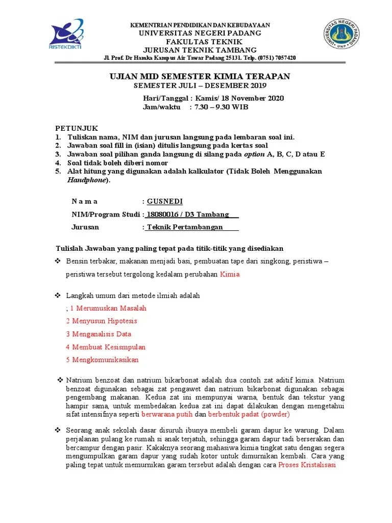 SOAL UTS Kimia Terapan Tek - TBG 2020. | PDF