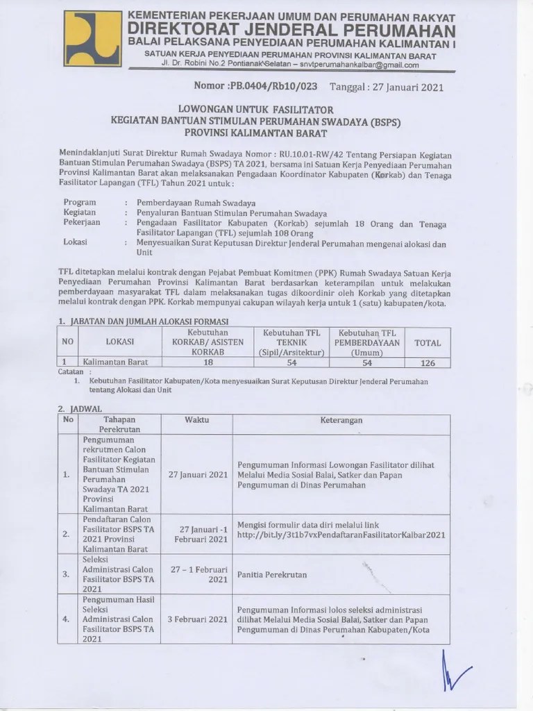 Lowongan Untuk Fasilitator Kegiatan BSPS Provinsi Kalimantan Barat | PDF
