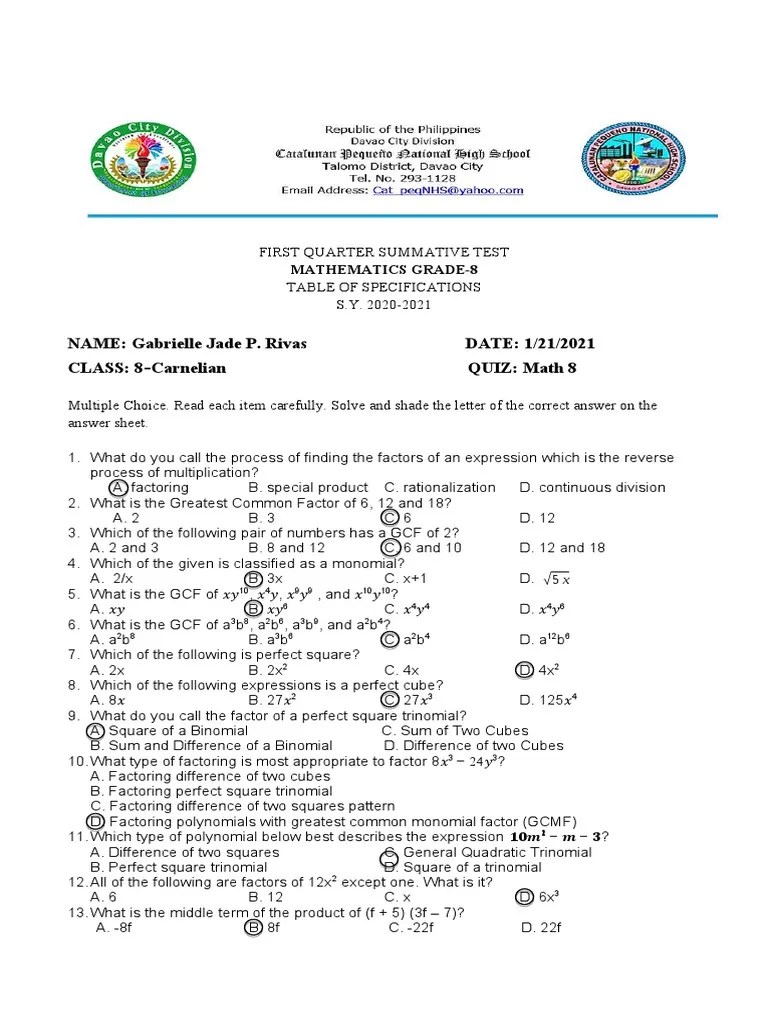 Grade 8 Summative Test For First Quarter | PDF | Factorization ...