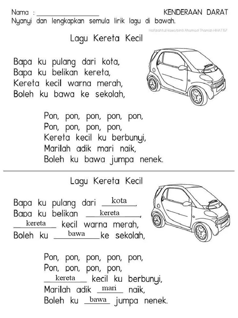 Murid dapat mengenalpasti jenis kenderaan darat dengan baik. Lembaran Kerja Kenderaan Darat Lagu Pdf