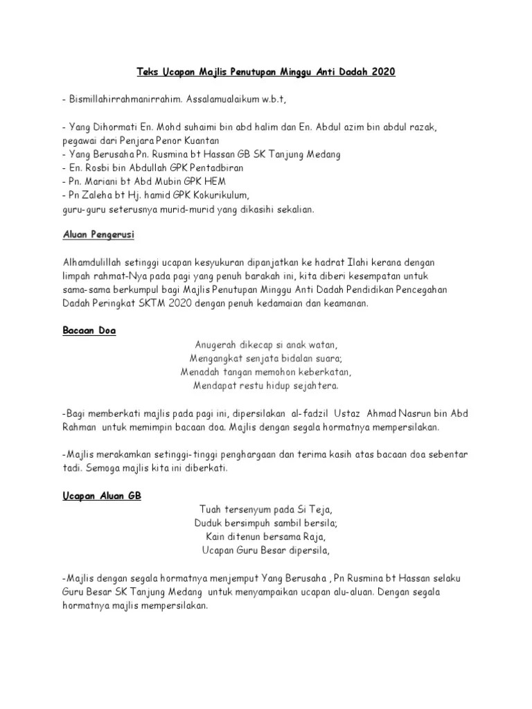 Teks Ucapan Majlis Penutupan Minggu Anti Dadah 2020 | PDF