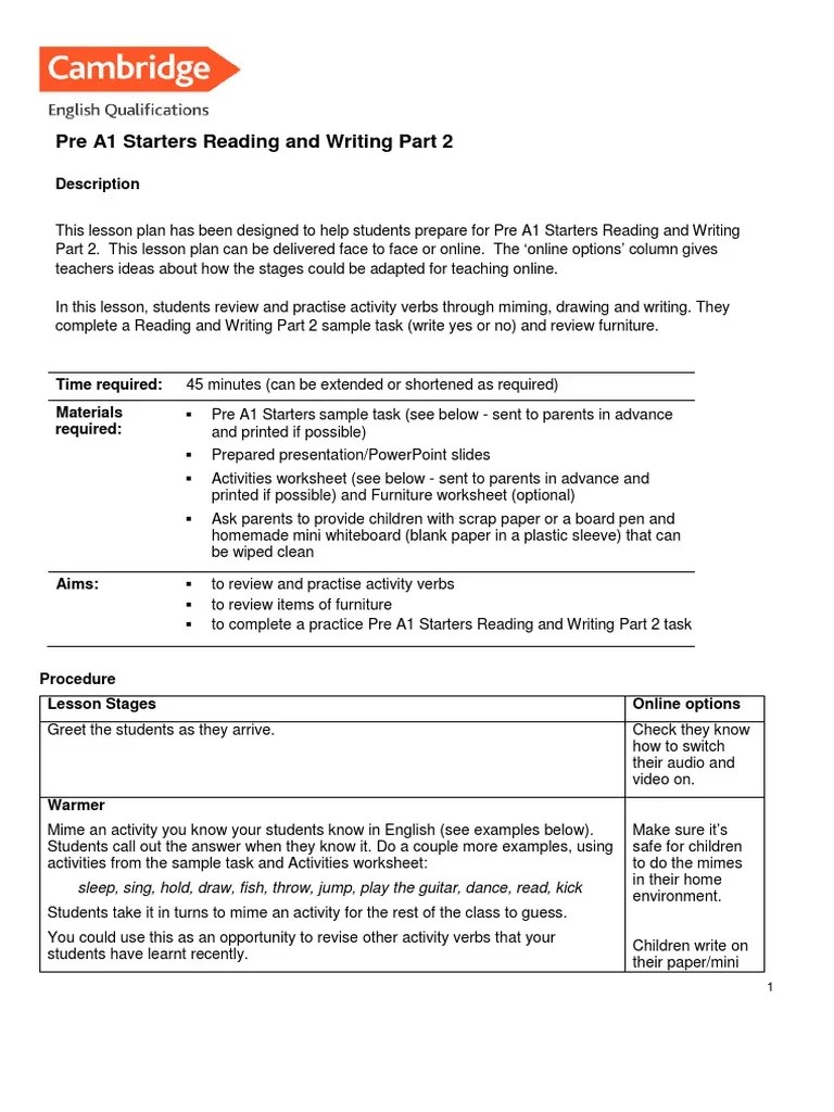 Pre A1 Starters Reading And Writing Part 2: Description | PDF | Vocabulary | Worksheet