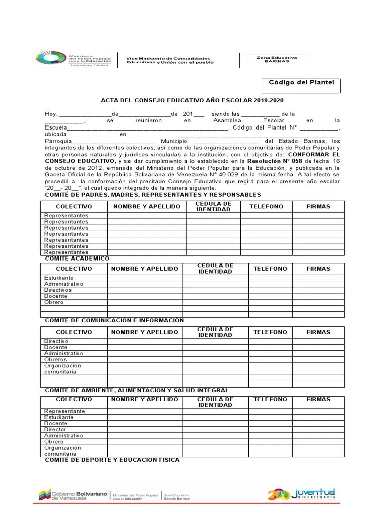 FORMATO DE ACTA CONSEJO EDUCATIVO AÑO ESCOLAR 2016-2017 Oficio | PDF