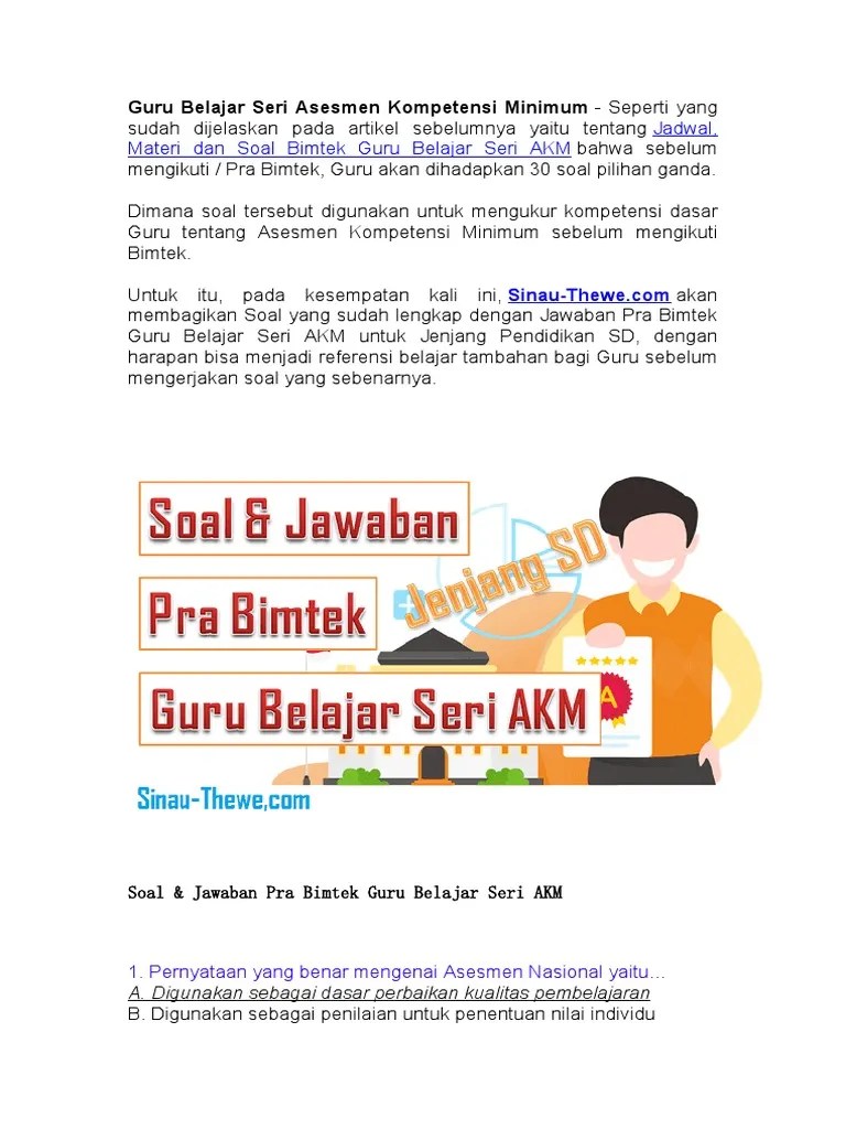 Latihan soal asesmen kompetensi minimum (akm) 2021. Soal Jawaban Asesmen Pra Bimtek Guru Belajar Seri Akm Jenjang Sd Pdf
