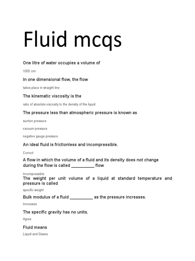 Fluid Mcqs | PDF | Fluid Dynamics | Viscosity
