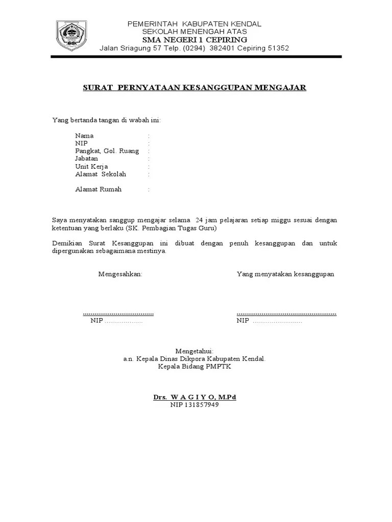 Mulai dari contoh surat pernyataan diri sendiri. Surat Pernyataan Kesanggupan Mengajar