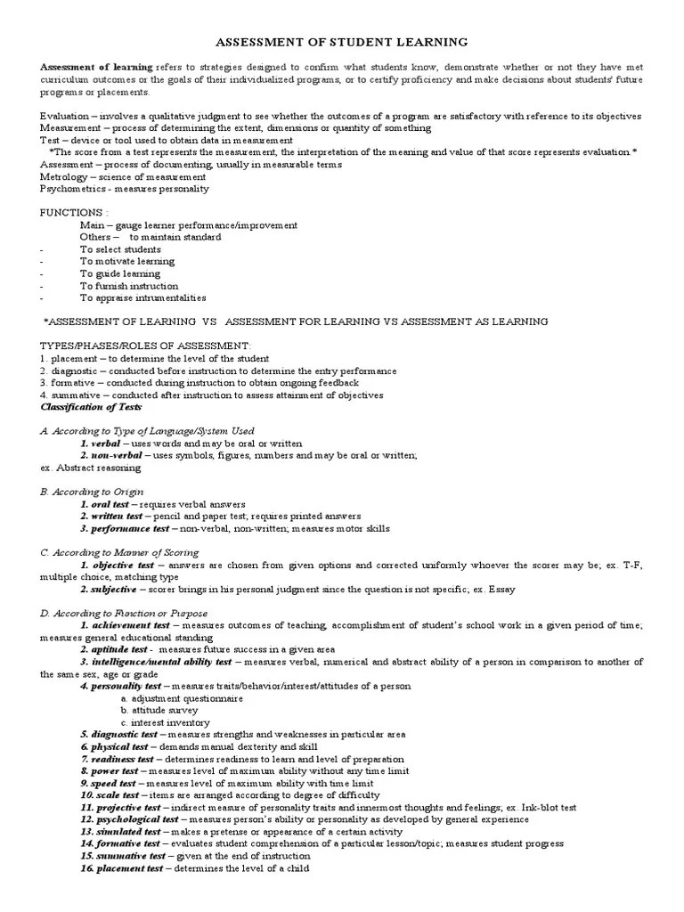 Assessment Of Student Learning Handout | PDF | Test (Assessment) | Educational Assessment