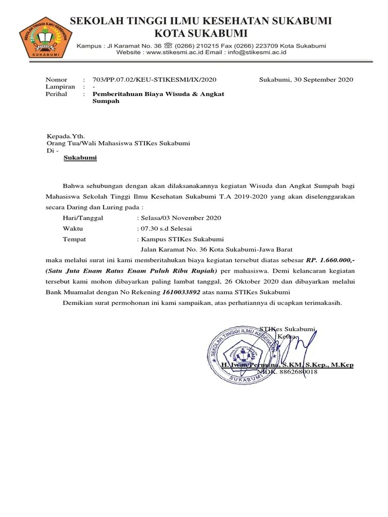 Surat Pemberitahuan Biaya Wisuda 03 November 2020 | PDF