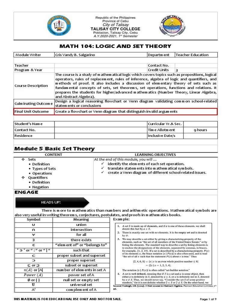 MODULE 5 Logic And Set Theory | Download Free PDF | Set (Mathematics) | Empty Set