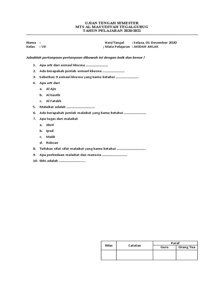Soal Semester Ganjil Aqidah