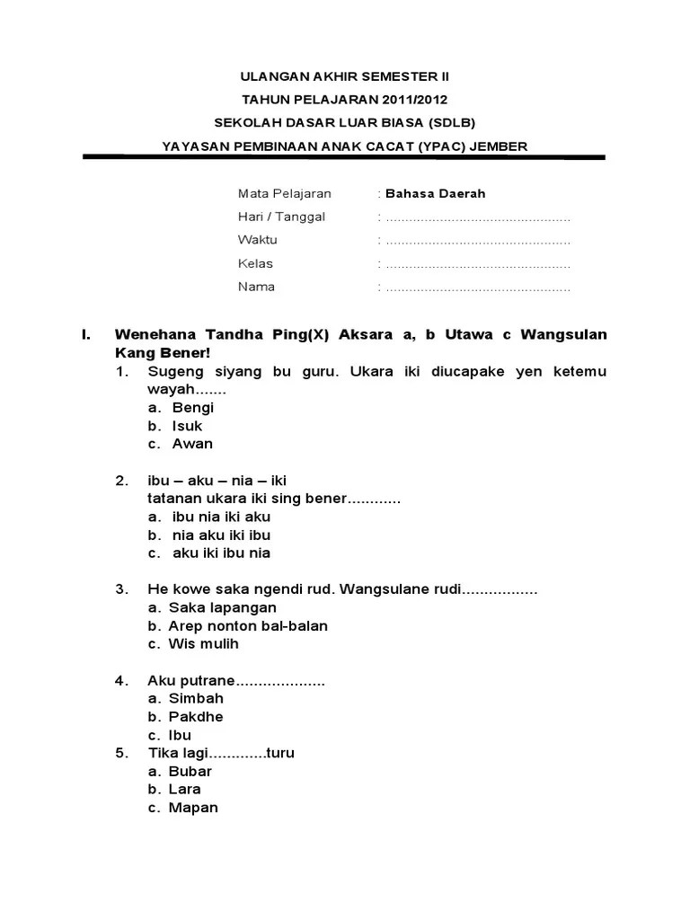 I. Wenehana Tandha Ping (X) Aksara A, B Utawa C Wangsulan Kang Bener! | PDF