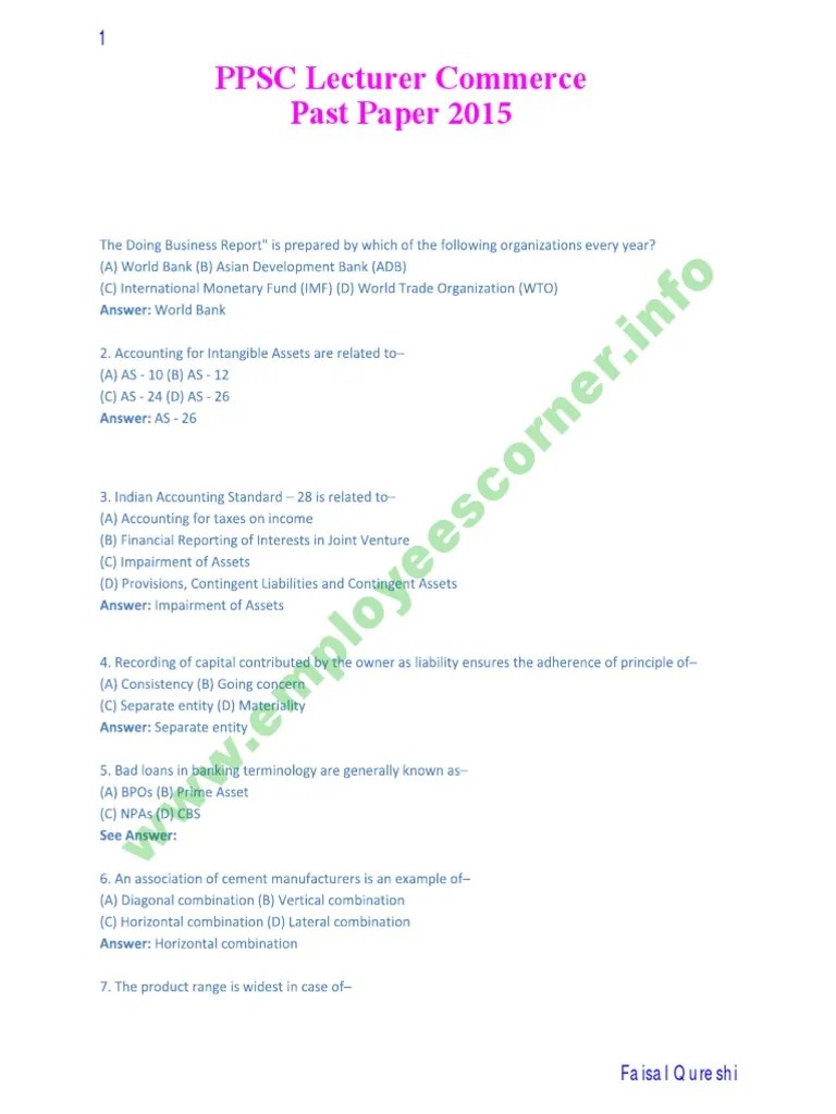 PPSC Past Papers Lecturers Commerce 2015 | PDF