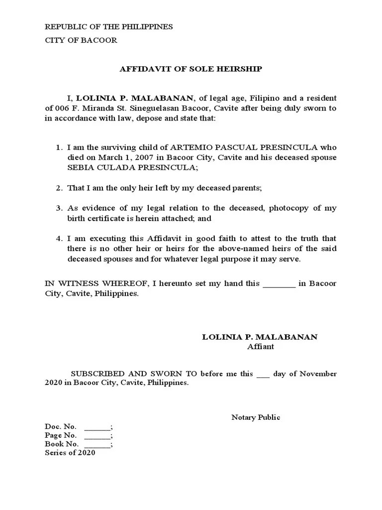 Affidavit of sole heirship: republic of the philippines city of bacoor
