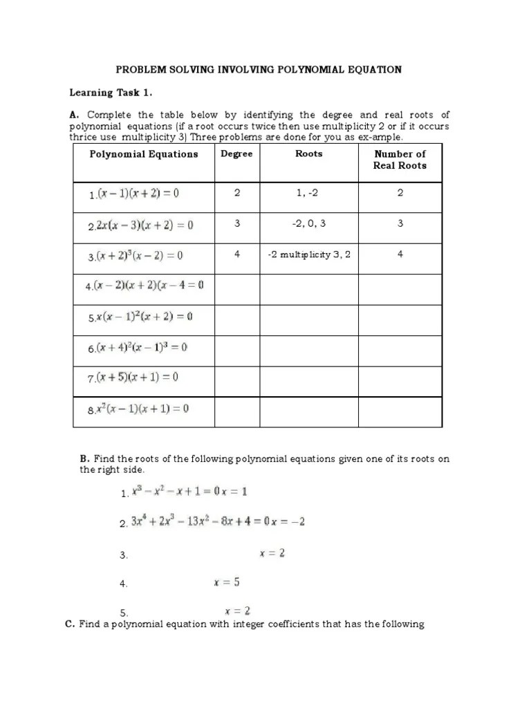 Problem Solving Involving Polynomial Equation Learning Task 1 | PDF ...