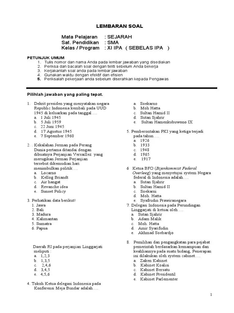 Perundingan roem royen dan konferensi meja bundar lengkap. Soal Sejarah Xi 4 Pdf