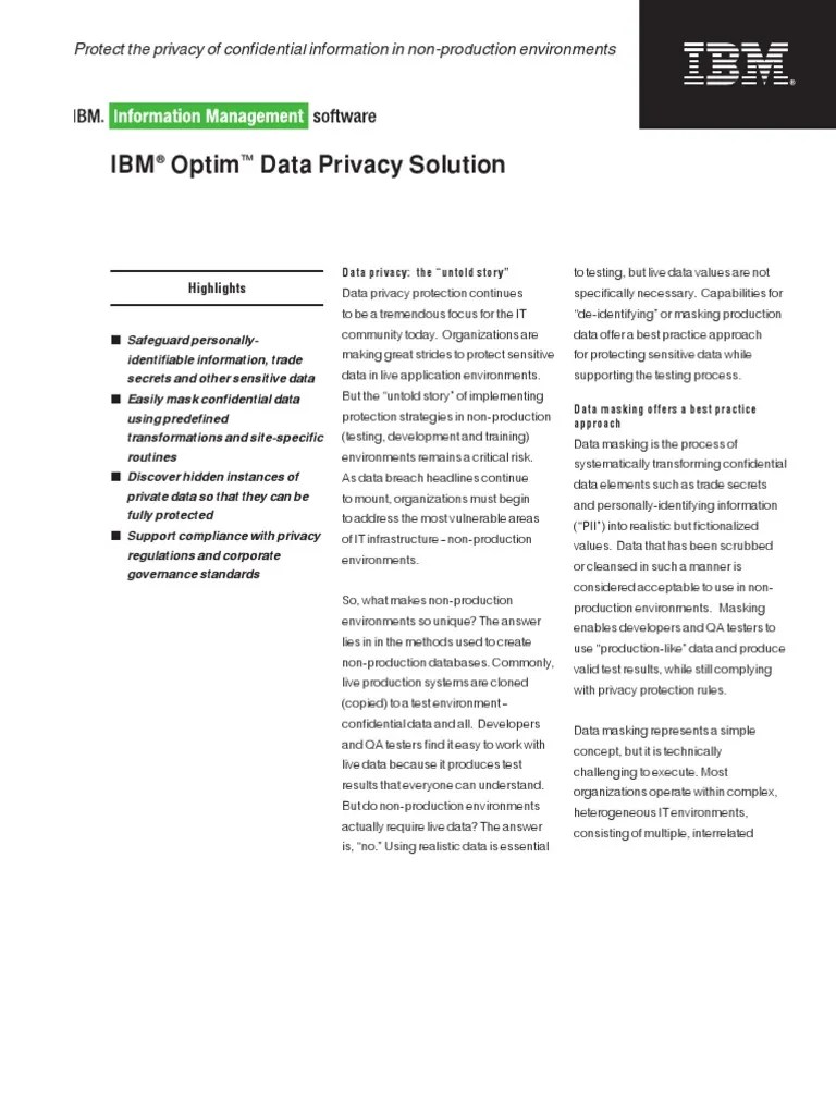 IBM® Optim™ Data Privacy Solution: Protect The Privacy Of Confidential ...