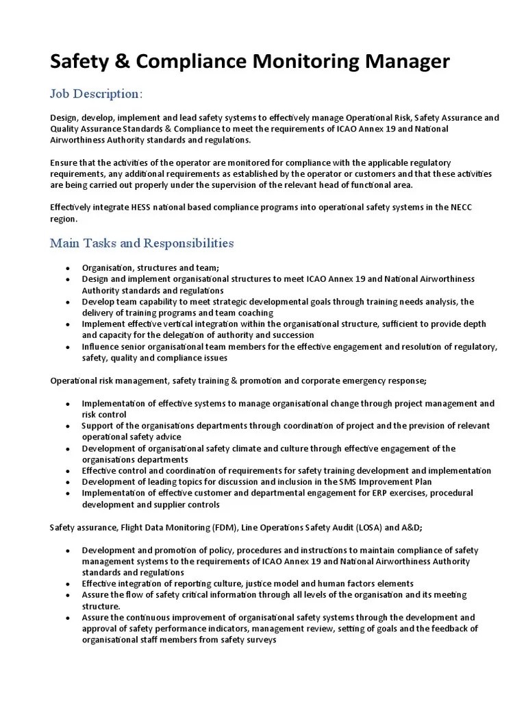 Safety Manager Job Description | PDF | Regulatory Compliance | Safety