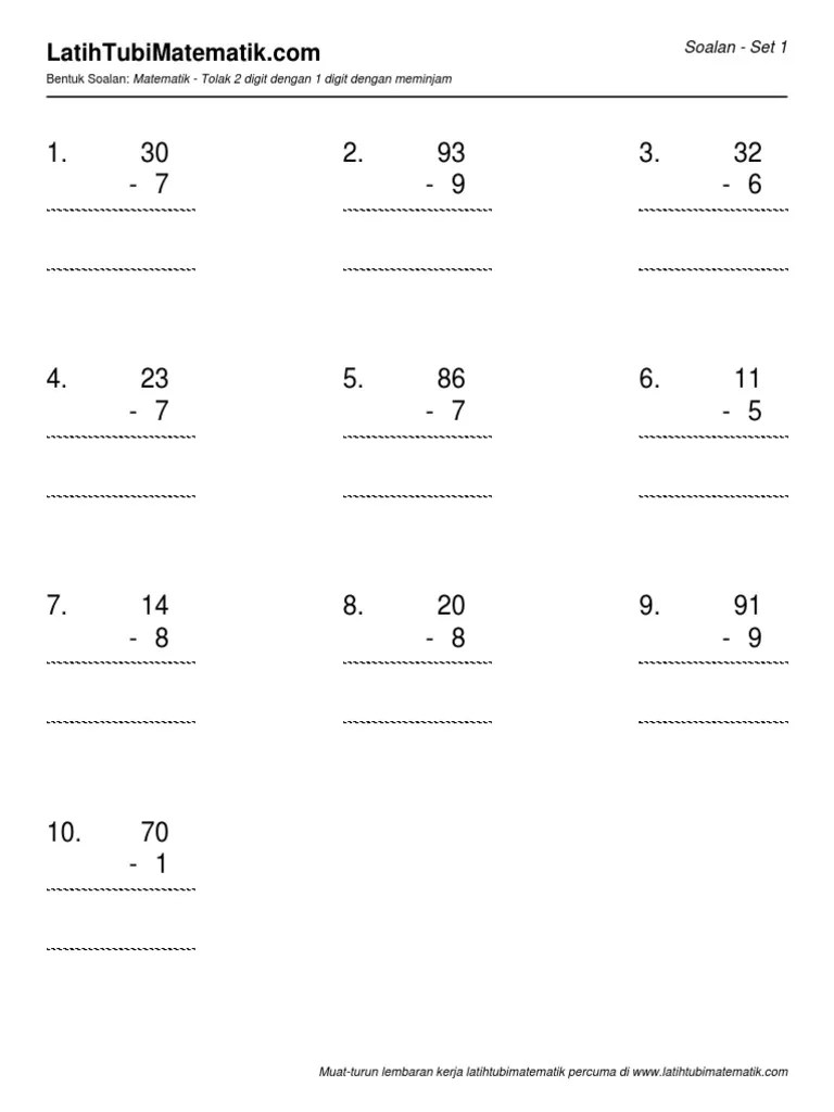 Latihan operasi tambah 1 hingga 10 tahun 1 kitpramenulis. Soalan Matematik Tahun 1 Tolak