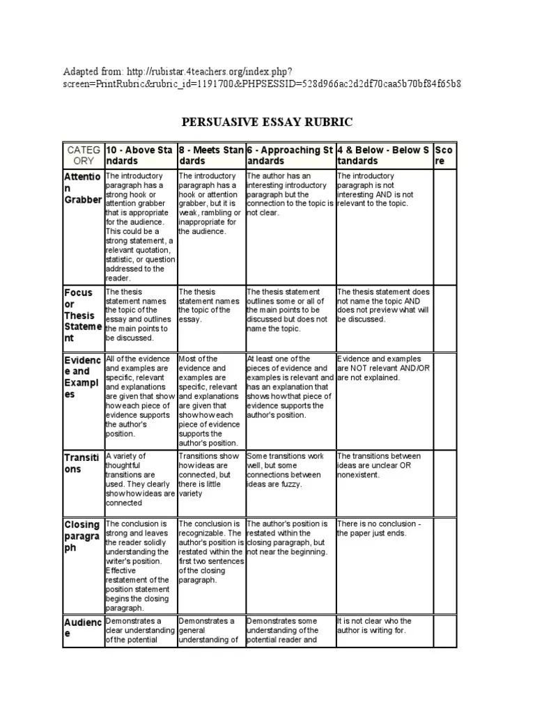 Persuasive Essay Rubric: Screen Printrubric&Rubric - Id 1191700 ...
