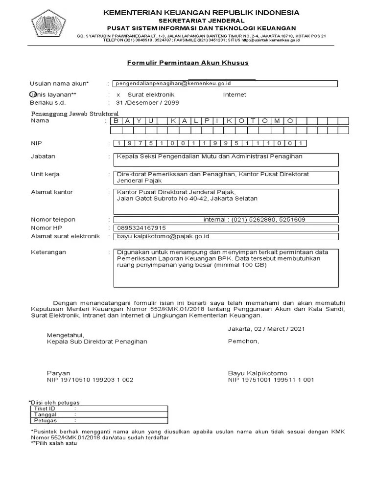 8.2 Formulir Layanan SRT Elektronik Permintaan Akun Khusus Seksi  Pengendalian Mutu Penagihan | PDF