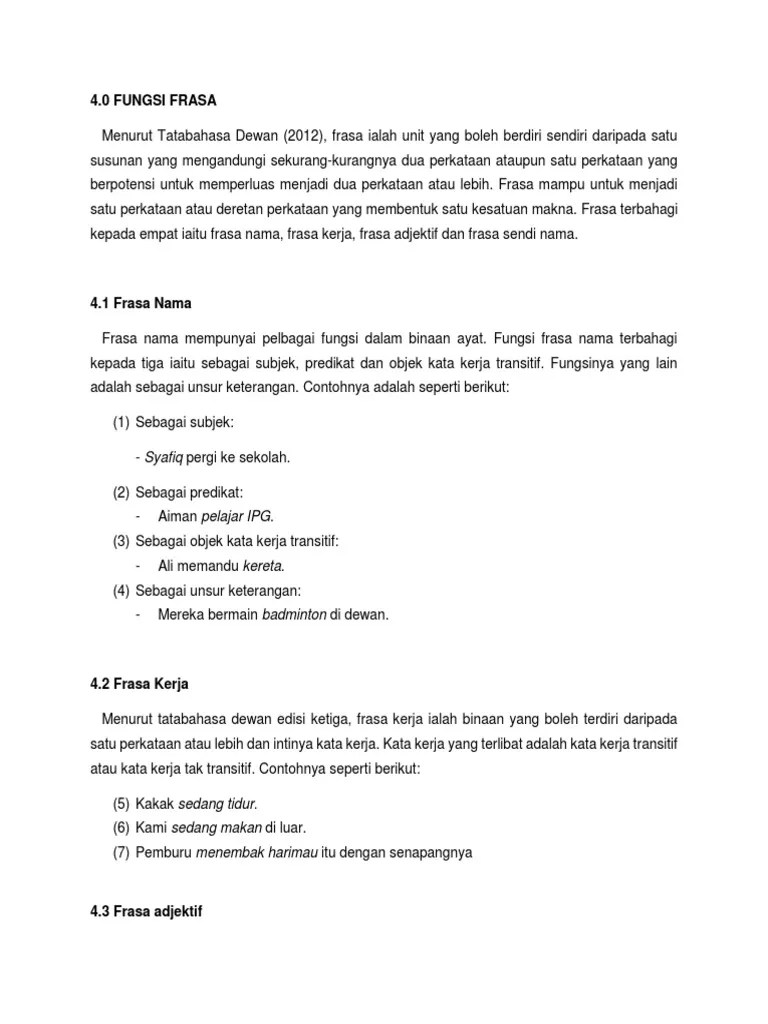 Frasa nama/frasa kerja/frasa adjektif/ frasa sendi nama. Fungsi Frasa Kk Pdf