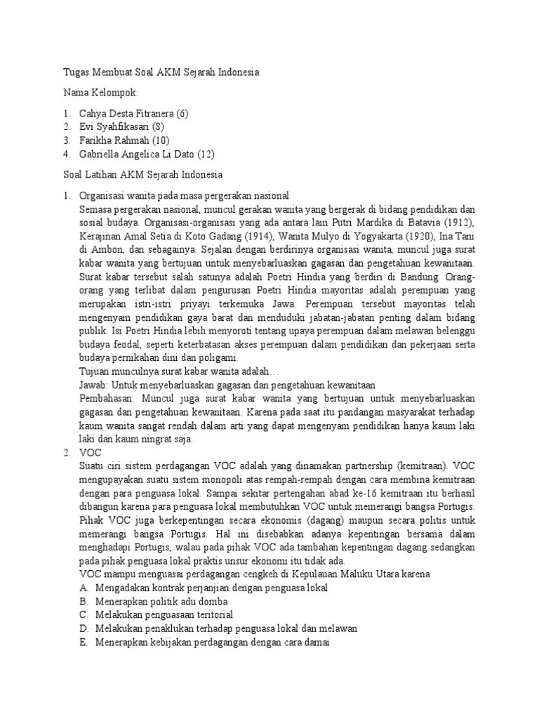 Contoh soal akm sma ini sudah sesuai dengan materi yang dicontohkan oleh kemendikbud. Soal Akm Sejarah Indonesia Pdf