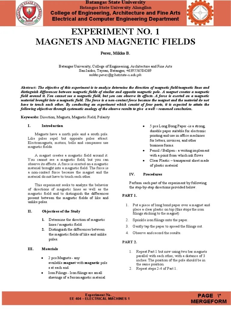 Experiment No. 1 Magnets And Magnetic Fields: Perez, Mikko B | PDF | Magnetism | Magnetic Field