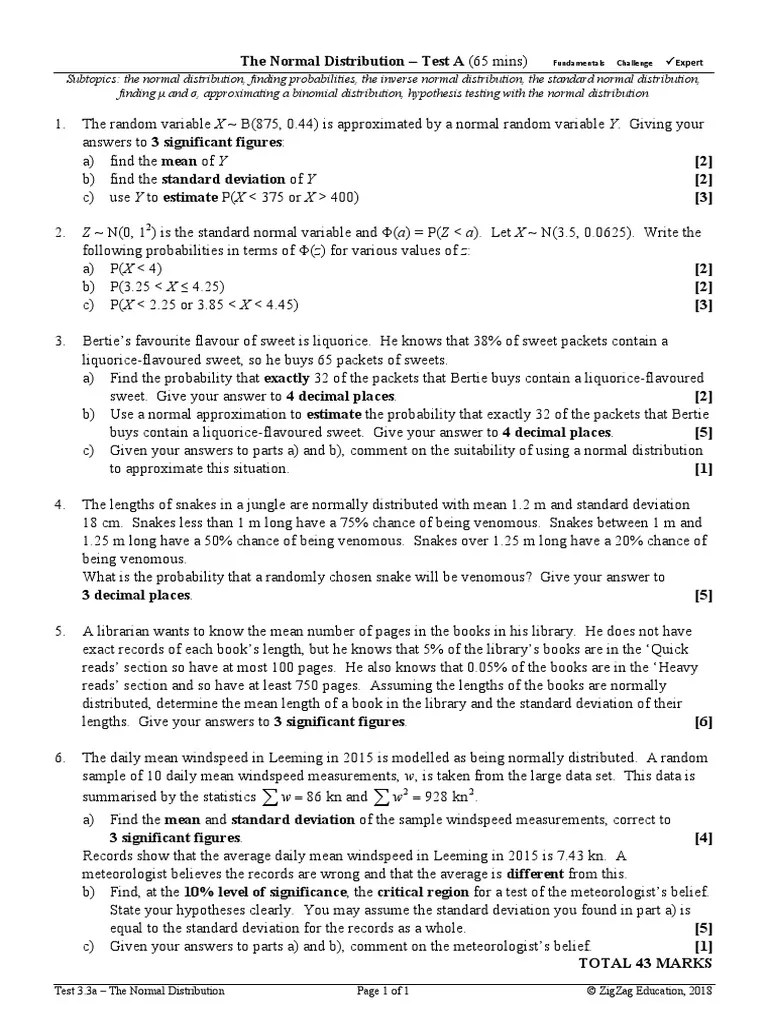 The Normal Distribution Test 3.3a | PDF | Normal Distribution | Mean