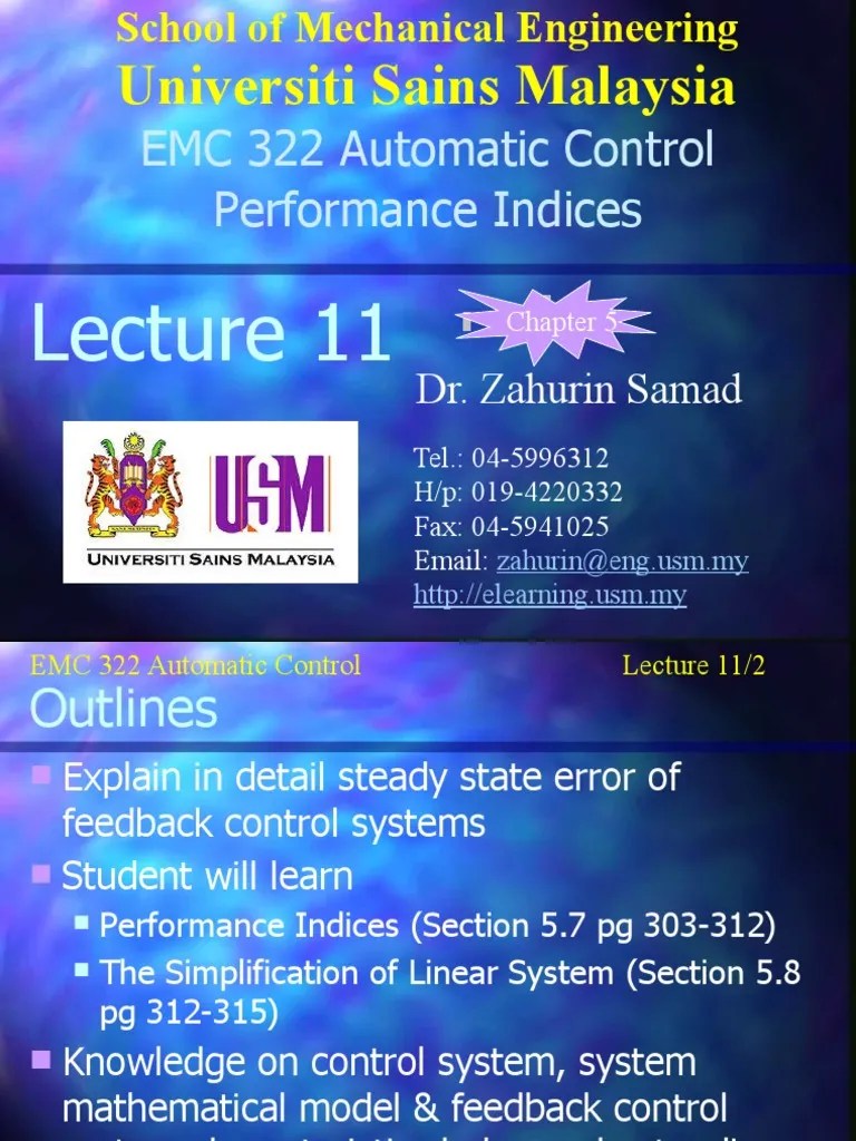 EMC 322 Automatic Control Performance Indices: Universiti Sains Malaysia | PDF | Mathematical ...