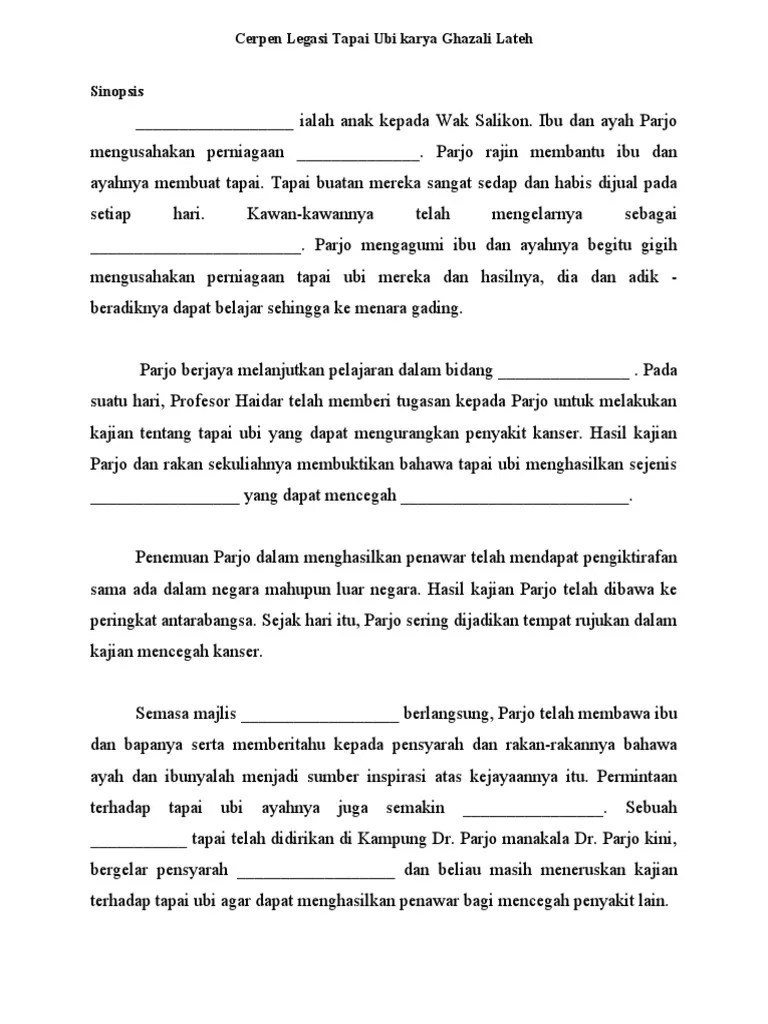 Mereka makan ketupat basi dan sinopsis buku tebu sahaja. Latihan Cerpen Legasi Tapai Ubi Karya Ghazali Lateh Pdf