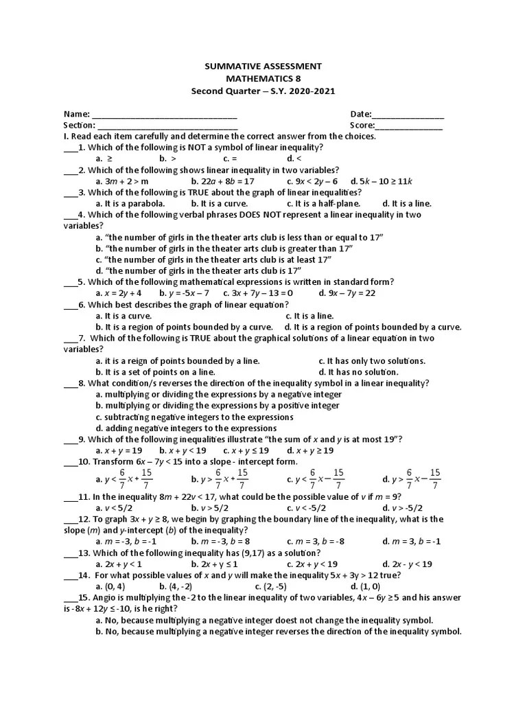 Summative Assessment Mathematics 8 Second Quarter - S.Y. 2020-2021 | PDF | Inequality ...
