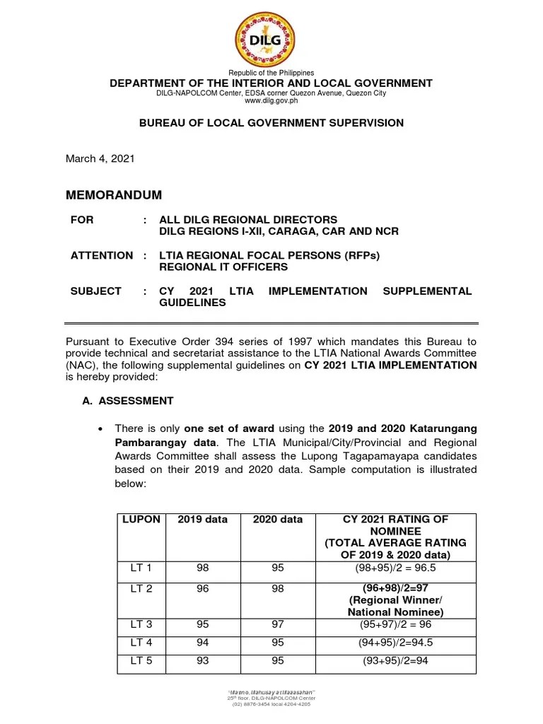 Supplemental Guidelines On The Implementation Of The CY 2021 Local Government Performance ...