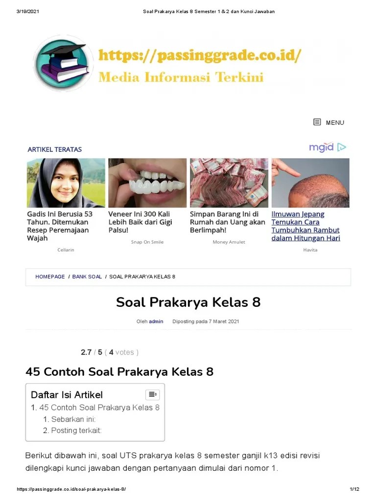 Soal Prakarya Kelas 8 Semester 1 &amp; 2 Dan Kunci Jawaban | PDF