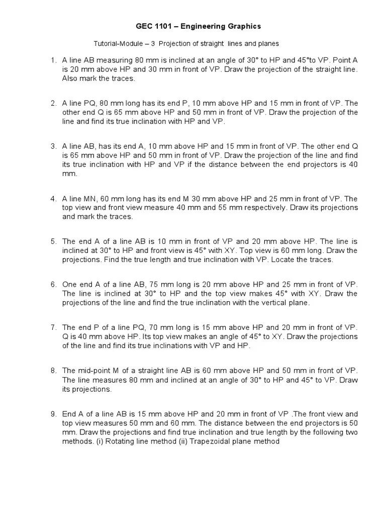 GEC 1101 - Engineering Graphics: Tutorial-Module - 3 Projection Of Straight Lines And Planes ...