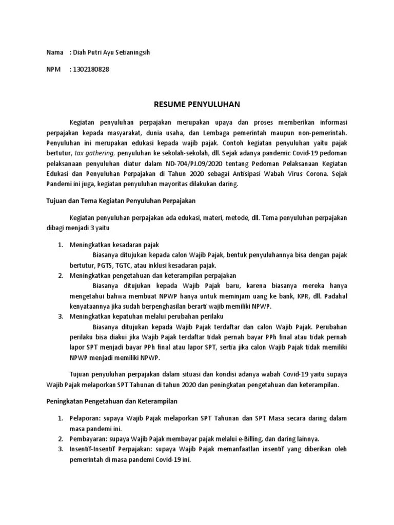 Resume Penyuluhan: Tujuan Dan Tema Kegiatan Penyuluhan Perpajakan | PDF