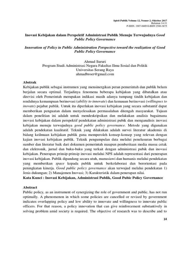 Inovasi Kebijakan Dalam Perspektif Administrasi Publik Menuju Terwujudnya  Good Public Policy Governance | PDF