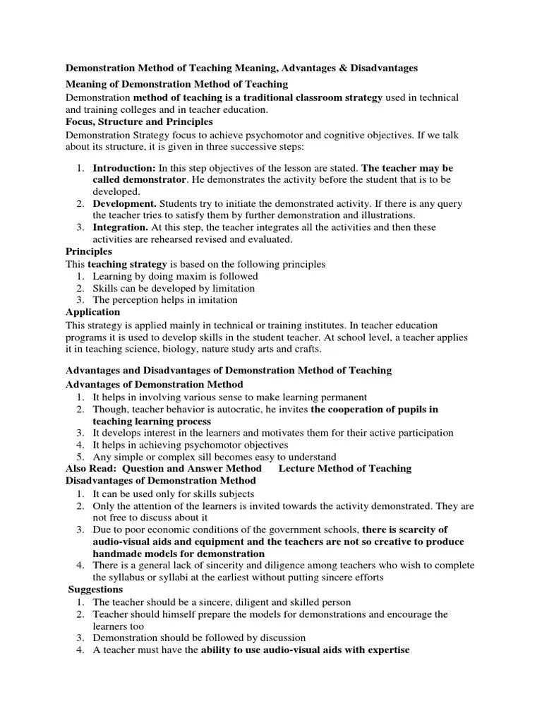 Demonstration Method Of Teaching Meaning | PDF | Teacher Education ...