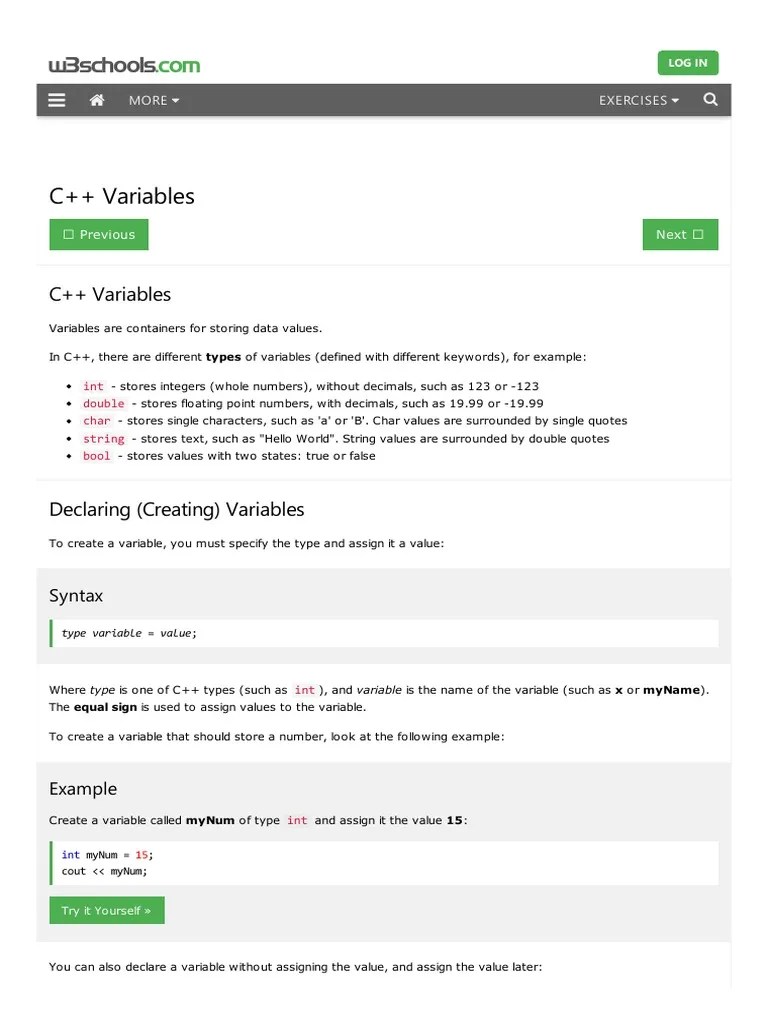 C++ Variables Guide: Declare And Assign Values | PDF | Integer ...