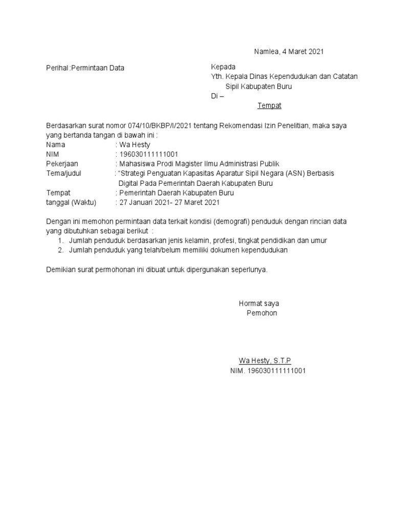 Surat Permohonan Data Dukcapil | PDF