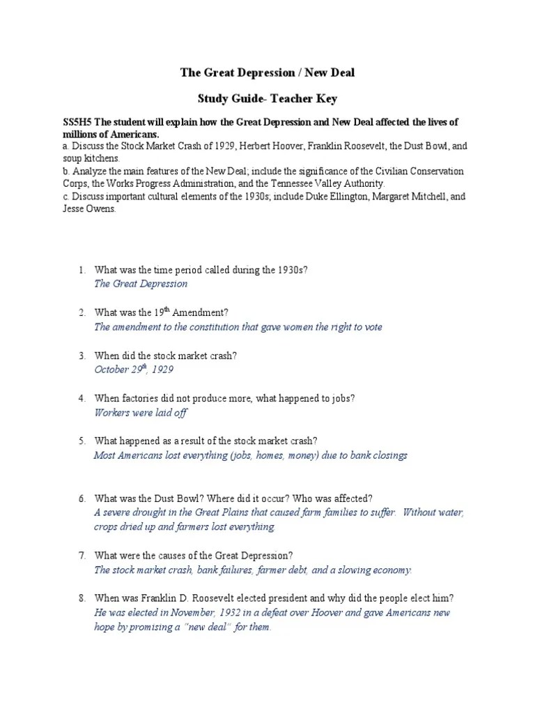 The Great Depression Study Guide Teacher Key | PDF | Great Depression ...