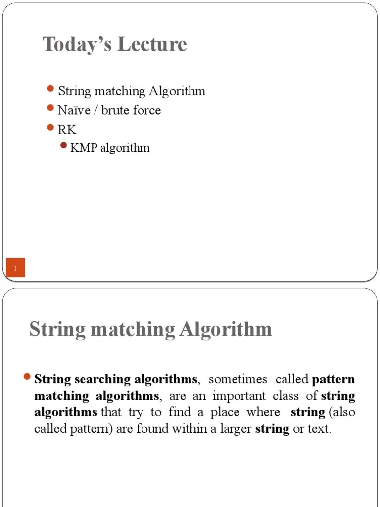 Today's Lecture: String Matching Algorithm Naïve / Brute Force RK | PDF ...